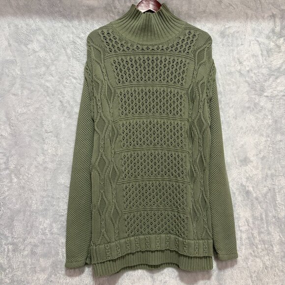 RTA Mock Turtleneck Chunky Knit Sweater Womens M Green Open Stitch Cable Knit - Picture 1 of 8